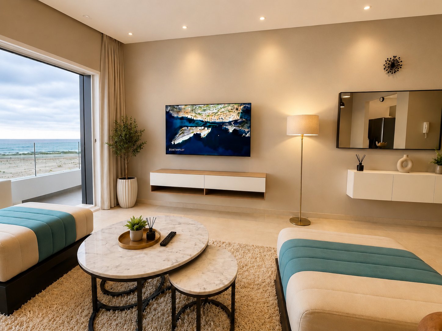 Salon lumineux avec vue sur la mer